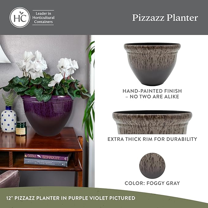 The HC Companies Pizzazz Decorative Round Flower Pots w/Ceramic Look - UV-Resistant Decorative Pot for Outdoor & Indoor Plant Pots - Modern Planter for Flower, Herbs (9?€? Foggy Gray, Pack of 1)