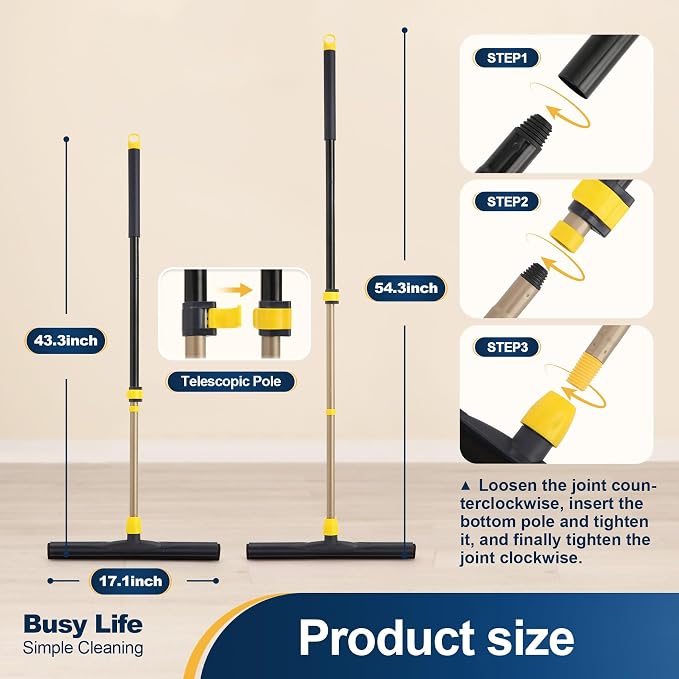 Yocada Floor Squeegee Scrubber Adjustable Telescopic Pole Heavy Duty Household Broom EVA Foam Blade for Garage Courtyard Shower Bathroom Floor Marble Glass Tile Water Foam Cleaning - Image 3