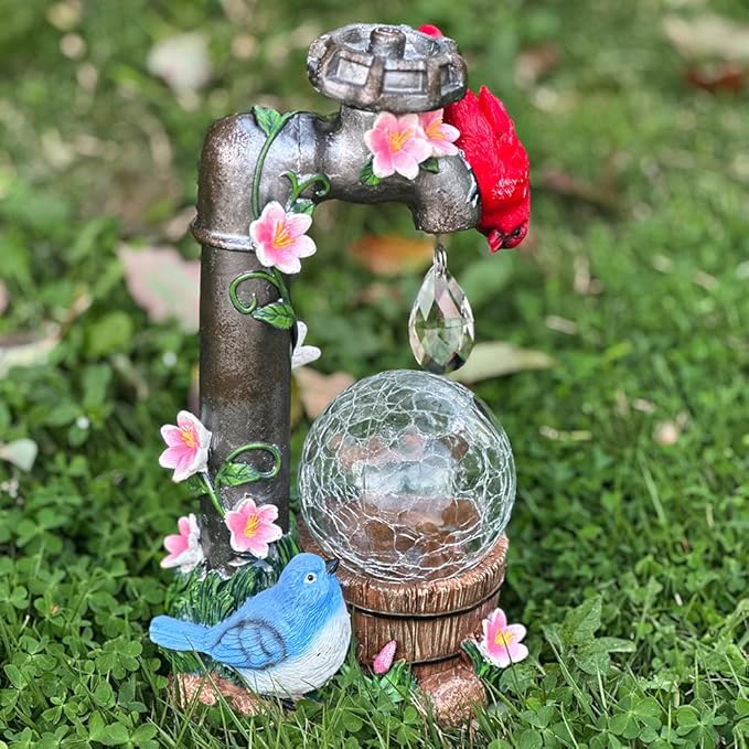 Solar Cardinal Garden Statue Decoration, Water Faucet and Solar Light Glass Ball, Outdoor Resin Garden Statue, Cardinal Gift, Women's Mother's Birthday Gift, Size 9.45 inches