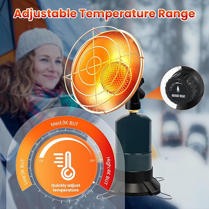 Portable Propane Heater Camping 6500 BTU Small Propane Heater with Electric Igniter, Control Valve, Folding Out Legs Base, Golf Cart, Ice Fishing, Hunting, Tent Heaters Cordless(Fuel Not Included)