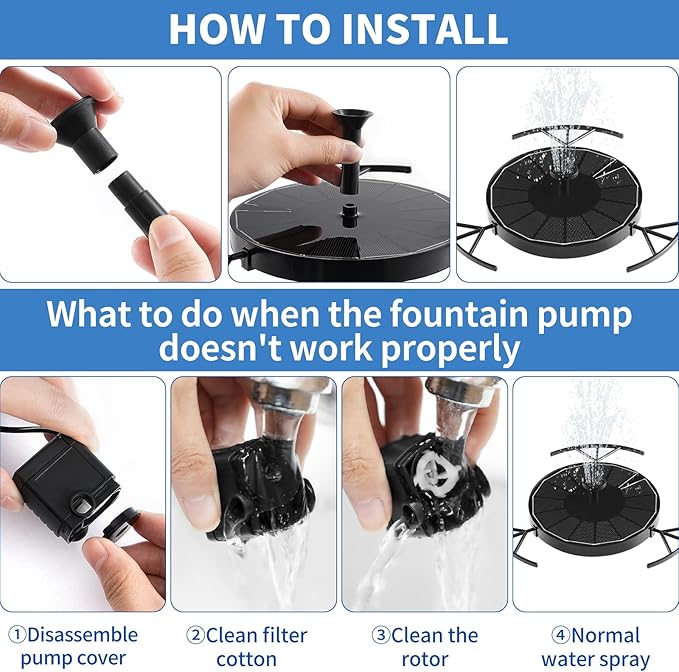 Pleneal 2W Solar Fountain Pump - Upgraded Solar Fountain for Bird Bath with 6 Nozzles, Outdoor solar Water Pump for Garden, Pond, Pool