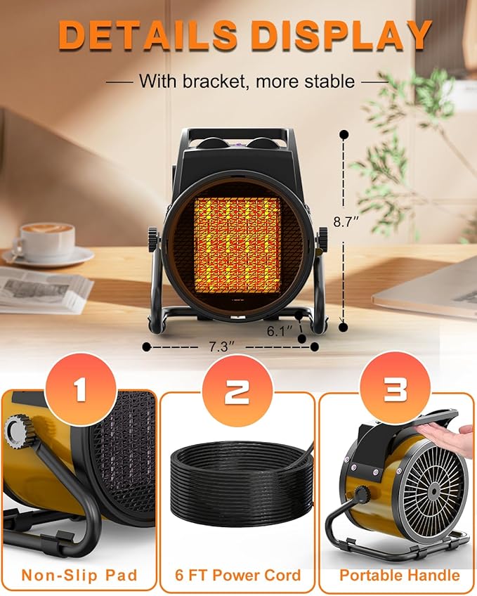 Outdoor Patio Heater, 1500W Outdoor Heaters for Patio Overheat Protection, 3S Fast Heating, Garage Heaters with Long Cord for Greenhouse, Patios, Outdoor Use