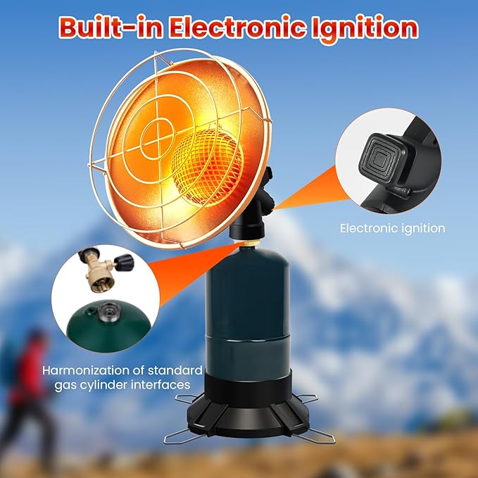 Portable Propane Heater Camping 6500 BTU Small Propane Heater with Electric Igniter, Control Valve, Folding Out Legs Base, Golf Cart, Ice Fishing, Hunting, Tent Heaters Cordless(Fuel Not Included)