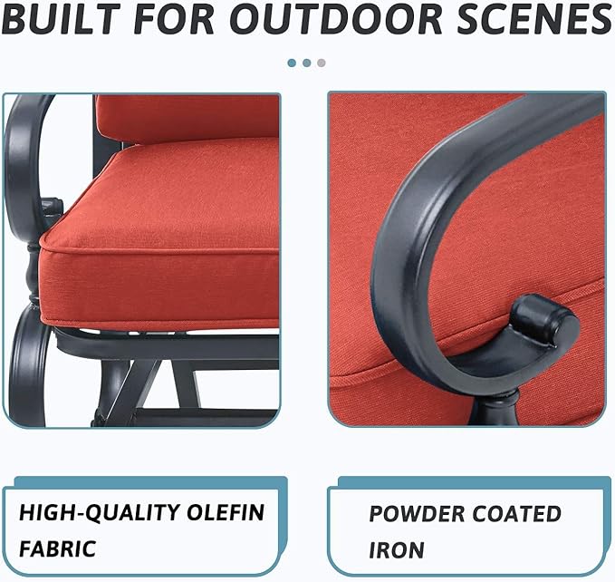SOLAURA 4-Piece Outdoor Furniture Patio Conversation Sets Swing Glider Loveseat and Spring Lounge Chairs with Side Table for Garden, Deck, Balcony, Poolside, Lawns (Red)