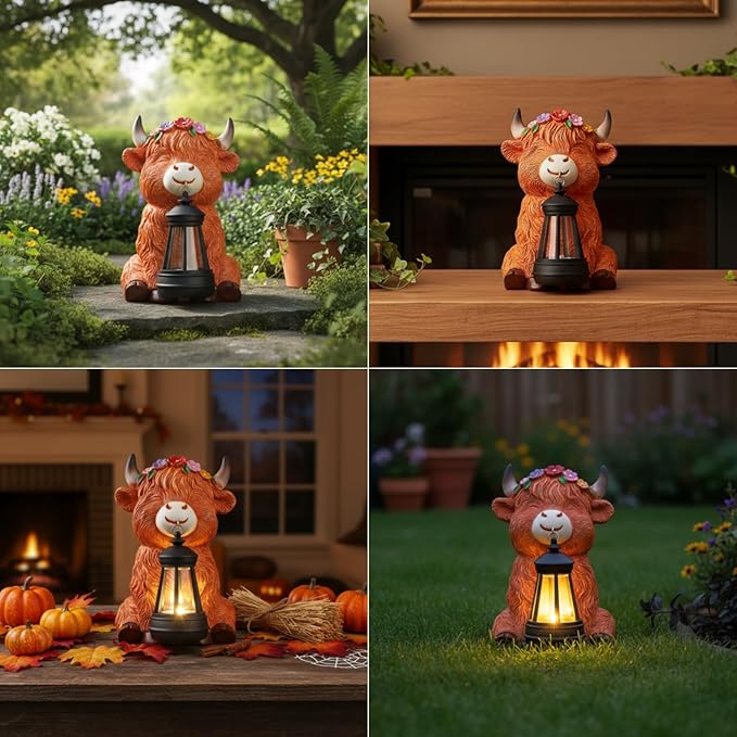 Garden Statues Highland Cow with Solar Lantern, Outdoor Highland Cow Figurines Decorations for Patio Yard Lawn Ornaments, Gifts for Mom/Grandma Birthday Housewarming