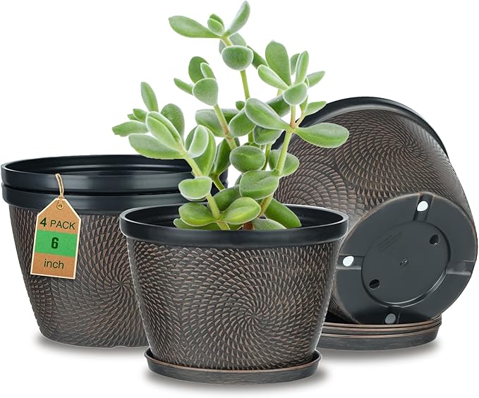 Quarut 4 Pack 6 Inch Flower Pots for Outdoor Indoor, Plastic Plant Pots with Drainage Hole & Saucer, Lightweight Small Flower Pot, Circle Pattern Planters for Garden House planters???Brown???