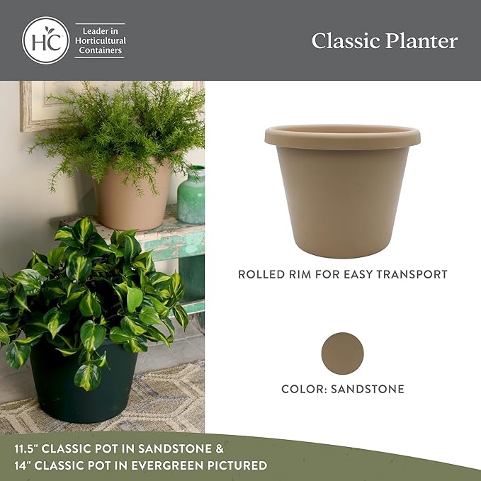 The HC Companies 8.5 Inch Classic Round Planter Pots with Drainage, Rolled Rim Plastic Planters for Indoor & Outdoor Plants, 4-Pack Decorative Flower Pots for Garden, Office & Home Decor, Sandstone