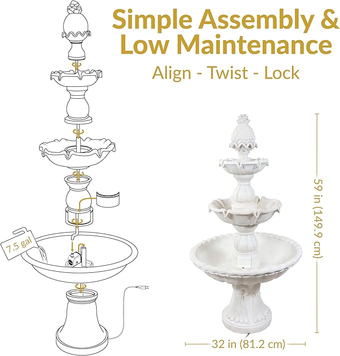 Sunnydaze 57" H Welcome 3-Tier Water Fountain - Large Electric Water Fountain with Pineapple Topper for Garden, Patio or Yard - White