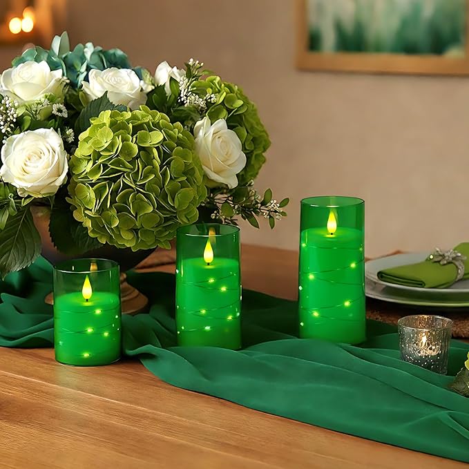 Homemory St. Patrick's Day Flameless Candles with Embedded Star String Fairy Lights, Green Battery Operated Candles, LED Candle, Fake Candles with Remote Control and Timer, Set of 3(H 4" 5" 6?€?)