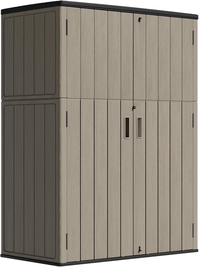 ZZM 57 Cu.ft Outdoor Storage Shed HDPE Storage Cabinet, Double-Wall Resin Sheds with Floor Vertical Lockable Sheds Garden Tools Trash Can, Lawn Mower, Bike Storage, Waterproof, Brown by ZZM