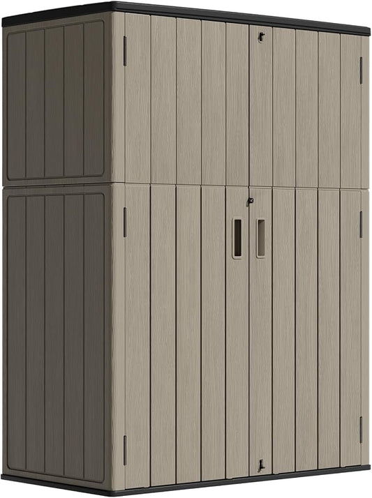 ZZM 57 Cu.ft Outdoor Storage Shed HDPE Storage Cabinet, Double-Wall Resin Sheds with Floor Vertical Lockable Sheds Garden Tools Trash Can, Lawn Mower, Bike Storage, Waterproof, Brown by ZZM