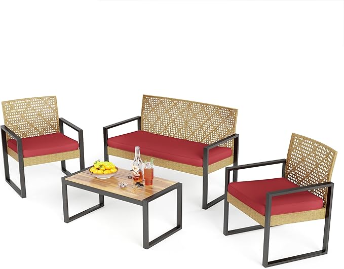 PHI VILLA Patio Wicker Furniture Set for 4, Yellow Rattan Loveseat & Chairs with Red Cushions & Acacia Wood Coffee Table, Outdoor Modern Conversation Sofa Set for Deck, Yard, Porch