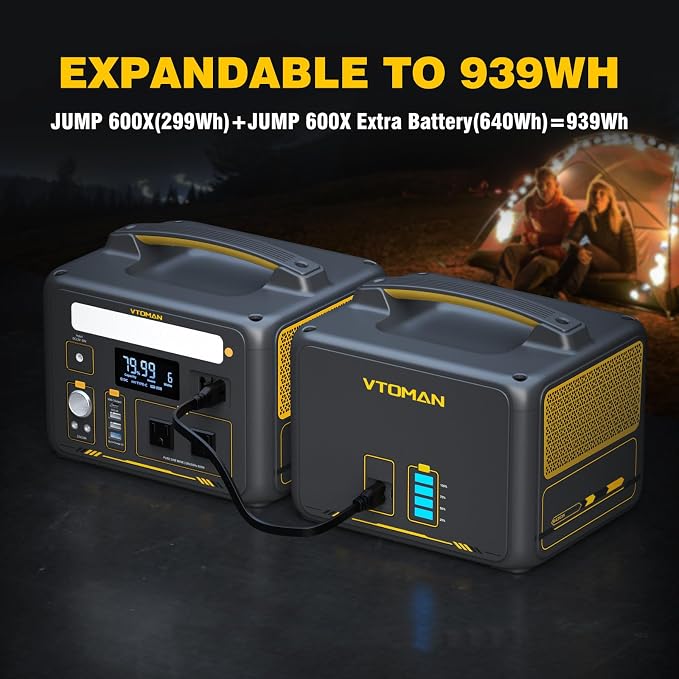 VTOMAN Jump600X 600W Portable Power Station with 640Wh Extra Battery, 939Wh Solar Generator LiFePO4 Battery, Peak 1200W AC Outlet, PD 60W USB-C, 3x12V/10A DC for Outdoor Camping, Off-grid, Home Backup - Image 2