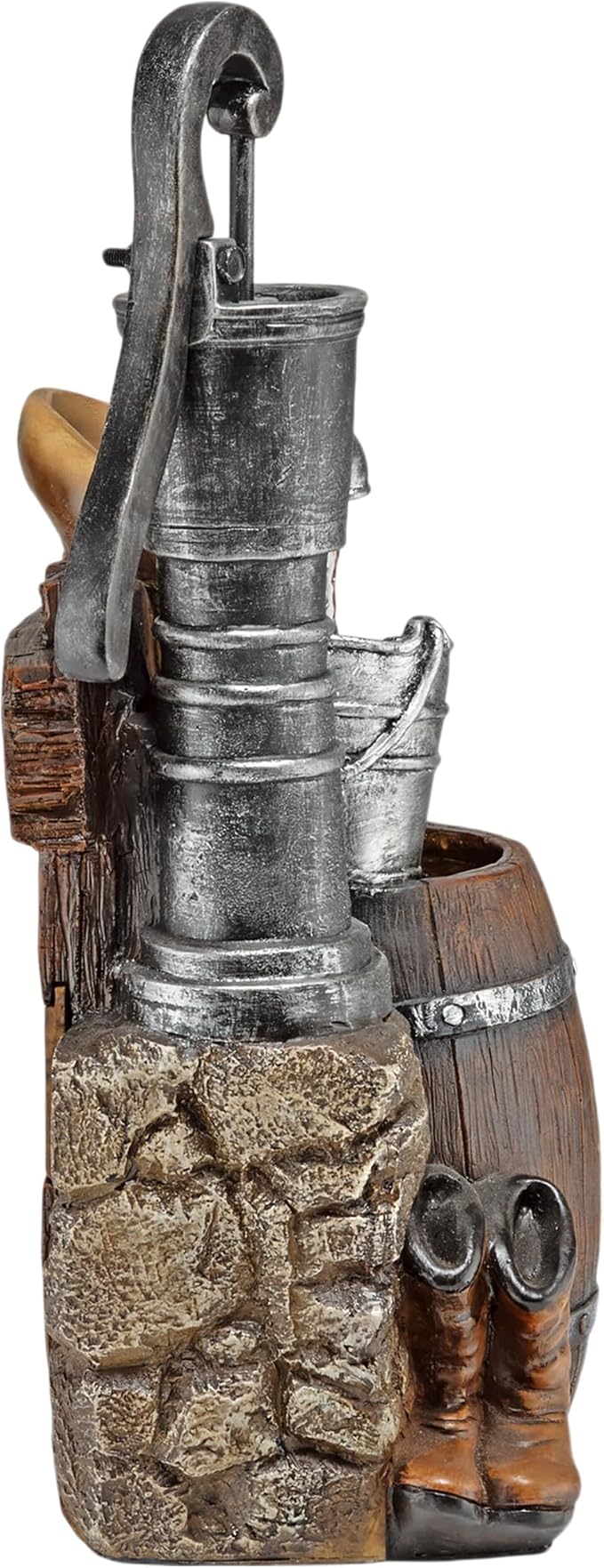 Alpine Corporation Outdoor Vintage Pump and Barrel with Cowboy Hat Fountain Yard Art Decor, 26" Tall, Brown