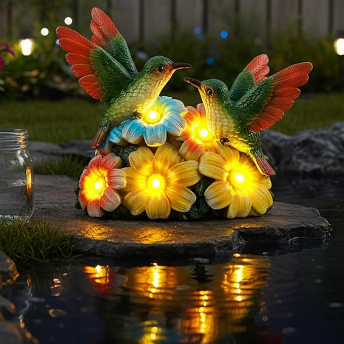 Solar Hummingbird Garden Statues 5.9" Resin Hummingbird Figurine Waterproof Bird Solar Lights Outdoor Yard Patio Decor Lawn Ornaments Unique Housewarming Birthday Gifts for Women Mom Grandma