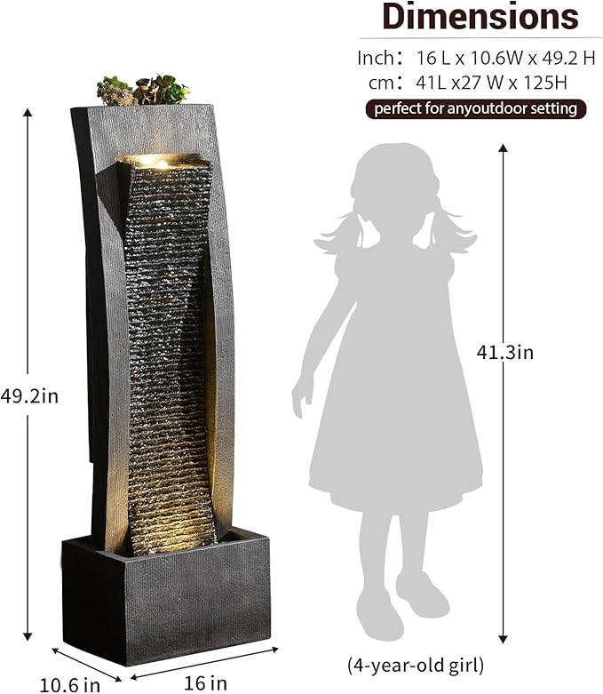 Outdoor Water Fountain, 49.2" Tall Freestanding Fountain with LED Lights & Pump - Curved Faux Slate Waterfall Feature for Garden/Patio/Backyard, Resin Fiberglass Indoor Outdoor Floor Standing Fountain