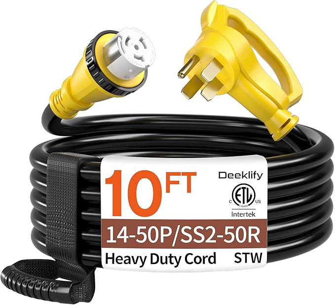10FT 50 Amp Generator Cord, NEMA 14-50P/SS2-50R Heavy-Duty 4 Conductors Cable, Pure Copper STW RV Extension Cord, Female Plug with Twist Lock, Suitable for RV or Camper, ETL Listed by Deeklify