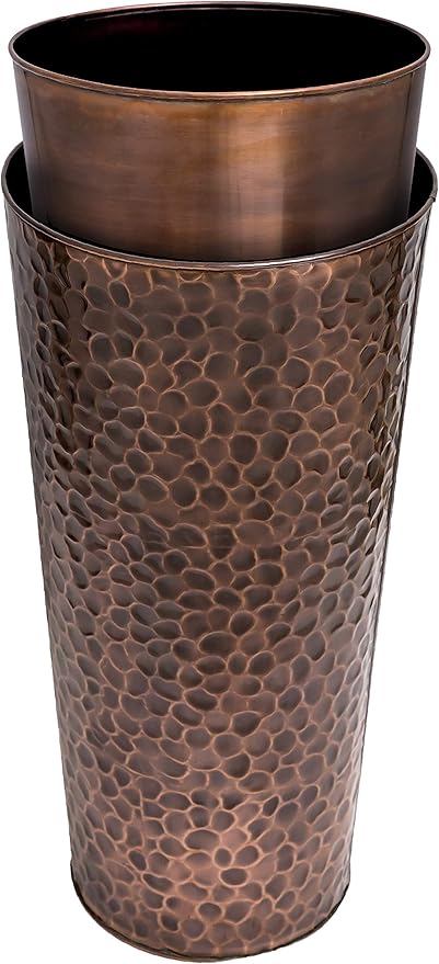 H Potter Tall Copper Planter Indoor Outdoor – 28” Antique Copper Hammered Metal Garden Planter with Insert & Drainage – Large Decorative Floor Planter for Entryway, Porch, Patio