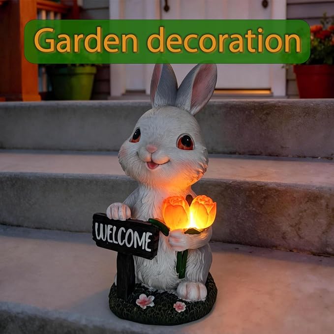 Solar Garden Outdoor Statues Lights Rabbit Garden Sculptures Birthday Housewarming Bunny Gifts for Women Mom Grandma for Patio Yard Lawn Backyard Decorations