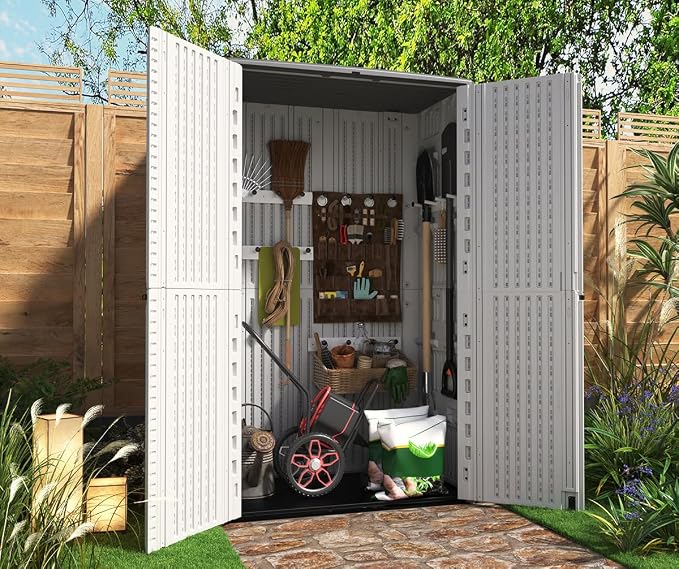 Outdoor Storage Shed,KINYING Outdoor Storage Cabinet Waterproof with Double Doors,52 Cu.ft Resin Vertical Tool Shed for Garden,Patio,Backyard,4×2.5×6.6 FT - Image 2