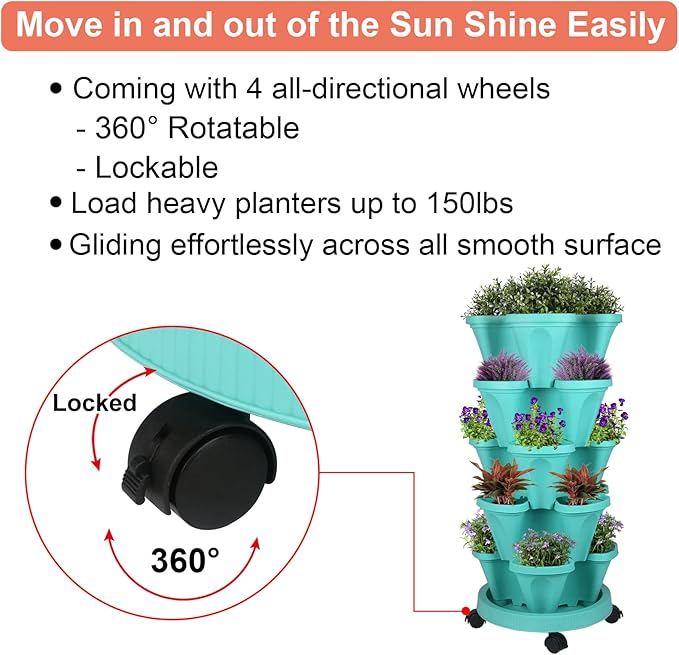 GameXcel Vertical Planter Tower - 5 Tier Stackable Garden Planters with Wheels and Tools Plant Pots for Strawberry Herb Flower and Vegetable Indoor Outdoor Use Teal