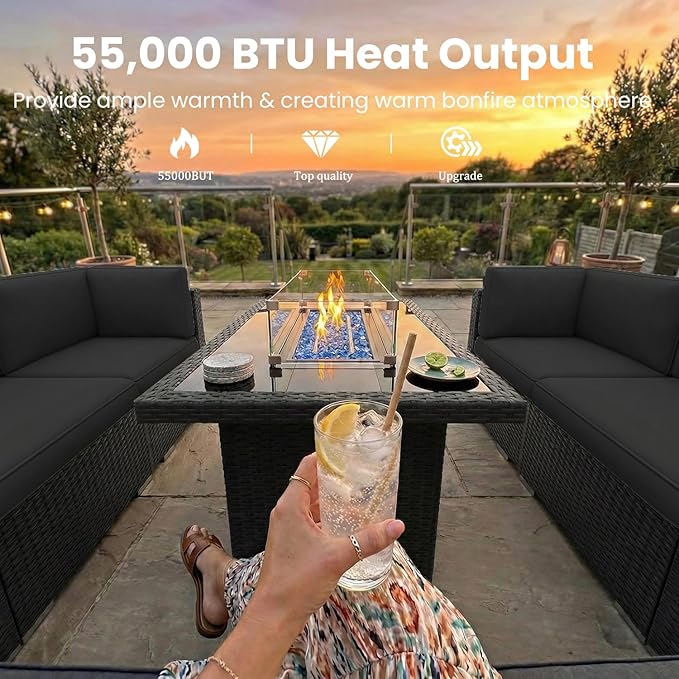 15 Pieces Patio Furniture Set with 44" Propane Gas Fire Pit Table, Outdoor Sectional Wicker Conversation Sofa Sets with Coffee Table