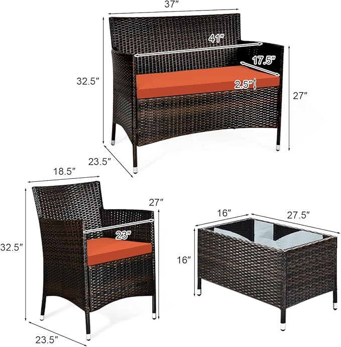 Tangkula 8 PCS Patio Rattan Conversation Set, Outdoor Wicker Furniture Set with Tempered Glass Coffee Table &Thick Cushion, Rattan Chair Wicker Set for Garden, Lawn, Poolside and Backyard (2, Orange)