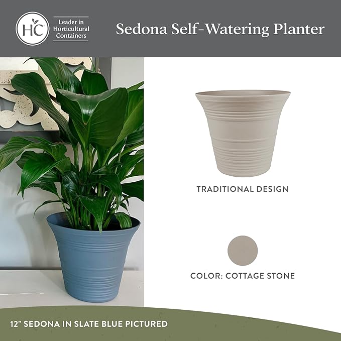 The HC Companies 16 Inch Sedona Round Self Watering Planter Pots, Lightweight UV-Resistant Plastic Indoor & Outdoor Planters, 2-Pack Flower Pots for Garden & Home Decor, Cottage Stone