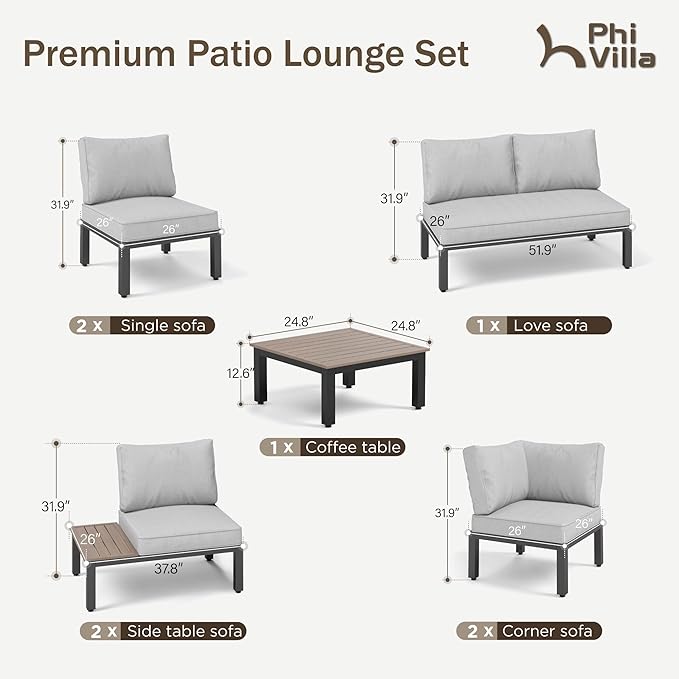 PHI VILLA 8 Pieces Outdoor Patio Furniture Set,Metal Frame Modern Outdoor Sectional Sofa Set,8 Seats with Umbrella Patio Conversation Sets,for Poolside and Backyard,Light Grey