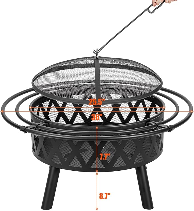 EcoNook 36 Inch Wood Burning Fire Pit with 2 Loops, Outdoor Fire Pit with Spark Screen & Fire Poker, Cross Weave Firepit for Outside Fireplace Bonfire for Yard,Patio, Garden - Image 5