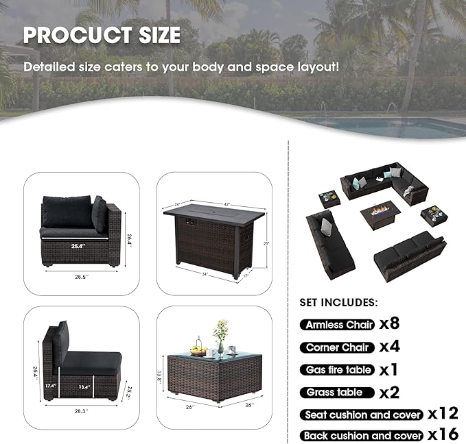 Grezone 15 Piece Patio Furniture Set with 44" Fire Pit Table, Outdoor Sectional Couch, PE Rattan Patio Conversation Sets with 4inch Cushions for Backyard Black