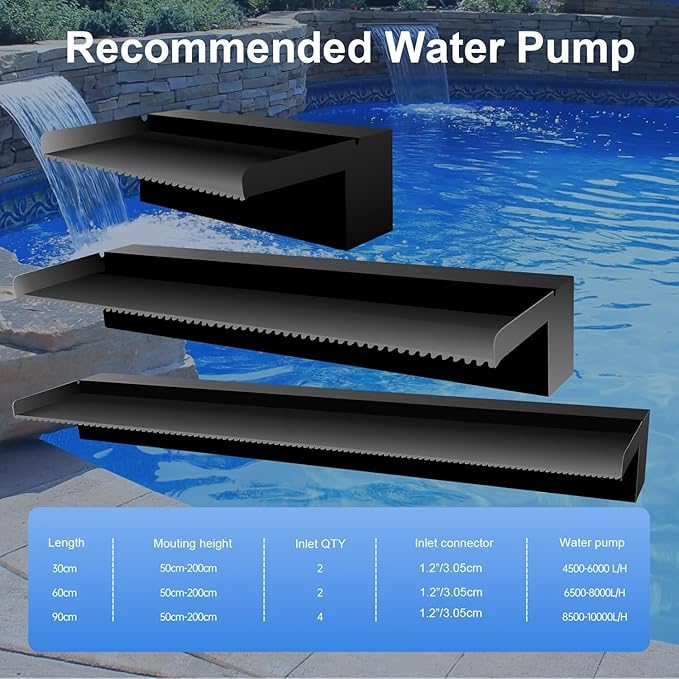 Pool Fountain Stainless Steel Pond Waterfall Spillway Kits for Indoor/Outdoor Decorative, 36 Inches Black Pool Water Feature for Garden Patio, Backyard Koi Pond Decor(No LED Light)