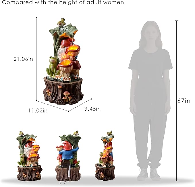 Kalona Gnome Outdoor Waterfall Fountain with LED Lights, Resin Tree Stump Waterfall Fountain for Patio Balcony Yard, 21" Tall Garden Water Feature 25007