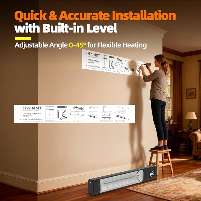 34" Wall-Mounted Electric Patio Heater, 1500W Infrared Outdoor Heater with Motion Sensor & Remote, IPX5 Waterproof, 9 Heat Levels, 9H Timer, Indoor Garage Backyard Deck Patio Heaters