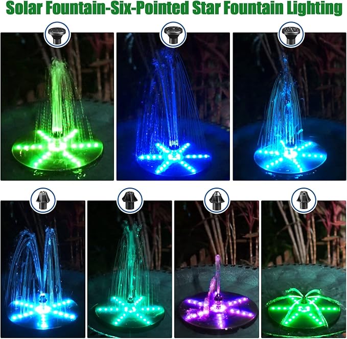 SZMP Solar Fountain with Colorful Star-Shaped Lights, 4W Bird Bath Fountain Pump with 4000 mAh Battery, 7 Nozzles & 4 Fixers, Solar Water Fountain for Garden, Pool, Pond, Outdoor(30 LEDs)