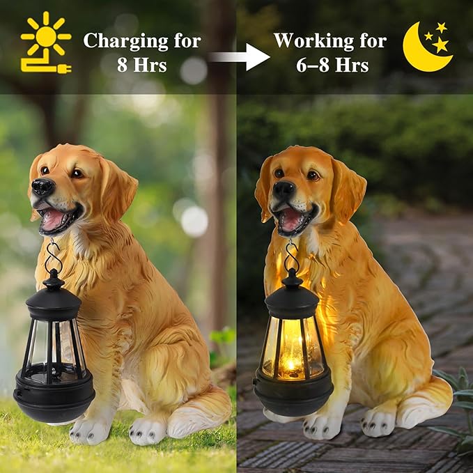 Afirst Solar Dog Statue Garden Decor, Outdoor Statue Decor with Solar Lantern Valentine's Day Gift Lovely Golden Retriever Figurine Patio Lawn Yard Art Ornaments Housewarming Gift