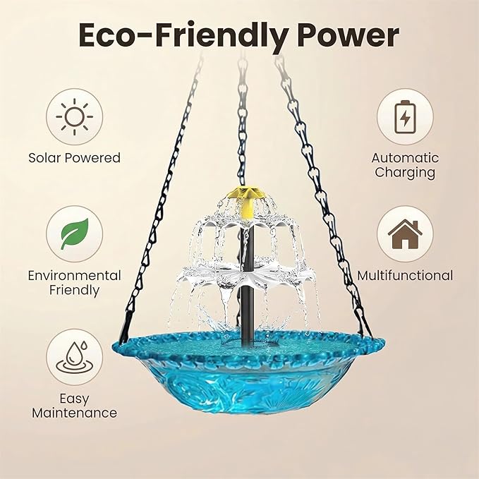 2026 Solar Cascade Hanging Bird Bath Fountain Solar Powered Birdbath Water Fountain Pumps Dispenser Outdoors Decor Hummingbird Bath Shower Bowl Kit Garden Gift Yard Patio Backyard Decoration (Blue)