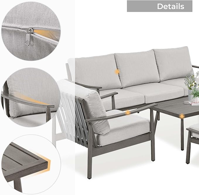 HAPPATIO Patio Outdoor Furniture Set - 7 Pieces Aluminum Outdoor Conversation Set Includes 1 Three-Seater Sofa, 1 Coffee Table, 1 Side Table, 2 Armchairs and 2 Ottomans for Porch Lawn (Grey)