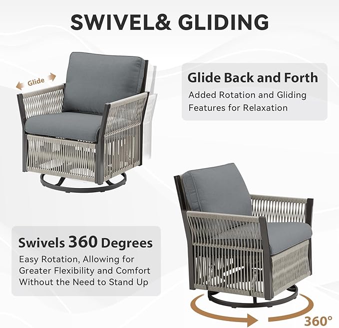 Wicker Outdoor Patio Furniture Set, 6 Piece Patio Conversation Set with Swivel Rocker Chairs, Rattan Sofa, Ottomans and Coffee Table for Garden, Porch, Backyard (Grey)