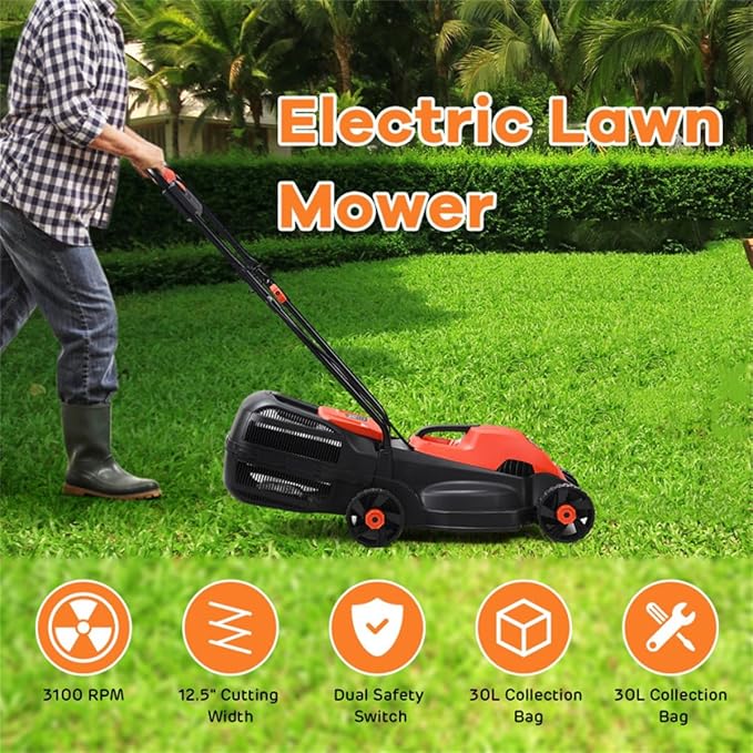 13-Inch Electric Lawn Mower 8 Gal Grass Collection Box 3 Adjustable Cutting Heights Lightweight 15.5LBS Push Mower for Garden (Red) - Image 8