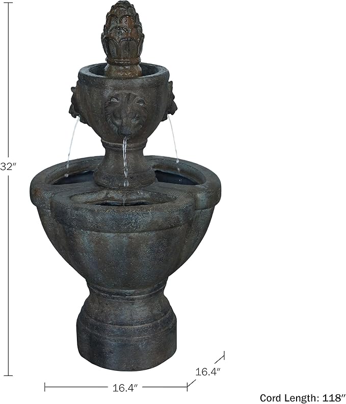 Outdoor Fountain – Polyresin 2-Tier Water Feature with Lion Head Details and Realistic Stone Appearance – Yard Art with Soothing Sound by Pure Garden