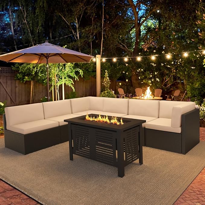 U-MAX 7 Piece Outdoor Patio Furniture Set with 43 Inch Fire Pit Table, PE Rattan Wicker Sofa Set, Outdoor Sectional Furniture Chair Set with Cushions and Tea Table, Black Rattan&Beige Cushion
