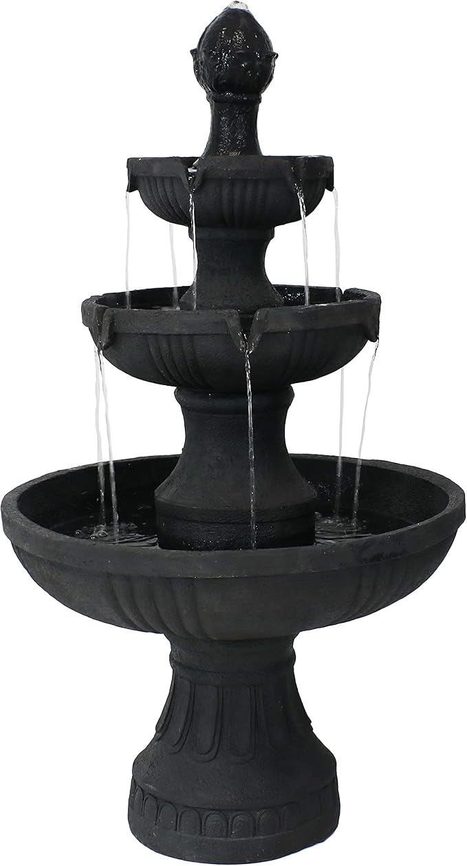 Sunnydaze Flower Blossom 43" Tiered Outdoor Water Fountain - 3-Tiered Outdoor Fountain for Garden, Patio, or Backyard - Black Finish