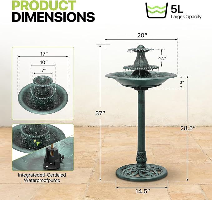 Magshion 37" Tall 3-Tier Outdoor Water Fountain, Pedestal Bird Bath for Outside, Cascading Water Feature and Birdbath for Garden, Patio, Deck, and Backyard, 1.3-Gallon (5L) Capacity, Green