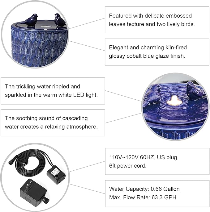 Glitzhome 14.75”H Outdoor Ceramic Garden Water Fountain with LED Lights and Pump, Two Birds Embossed Leaf Pattern Patio Fountain Floor Standing Bird Bath Fountains for Porch Deck Backyard, Cobalt Blue