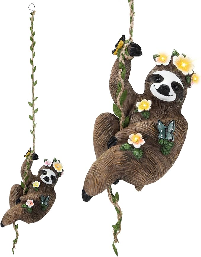1Pcs 8x5 Inch Solar Sloth Hanging Statue Christmas Resin Garden Gnome Figurine Sloth Decorative with Hook Gifts for Mom Grandma for Outdoor Yard Tree Fence Balcony Wall Decor