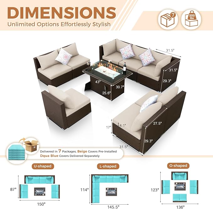 BULEXYARD 9 Piece High Back Outdoor Sectional Couch Set with Fire Pit, Elegant All-Weather Patio Furniture Set, Extra Large Size 8-Person Backyard Seating Group L-Shaped for Yard, Deck, Brown & Teal