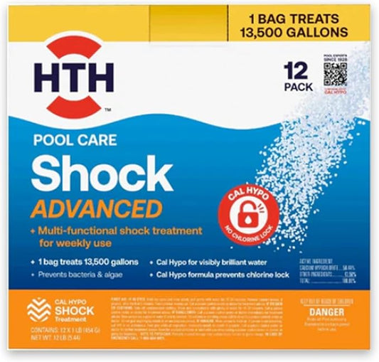HTH 52037R Pool Care Shock Advanced, Swimming Pool Chemical - Cal Hypo Formula, Prevents Bacteria & Algae, Restores Crystal Clear Water - Shock Treatment, 1lb (12 Pack) by HTH