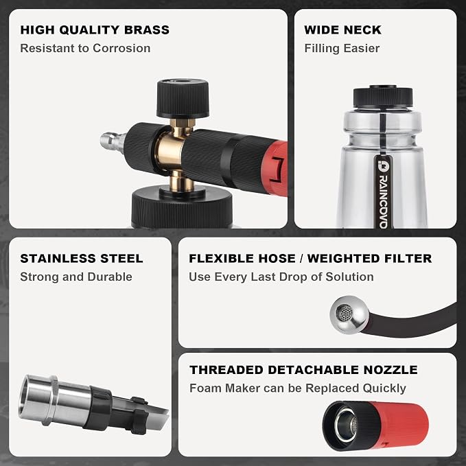 Raincovo Foam Cannon Wide Mouth for Pressure Washer, Thick Snow Foam Lance for Car Wash, Adjustable Soap Cannon with 1/4 Inch Quick Connector, Additional 1.1mm Orifice Nozzle - Image 5