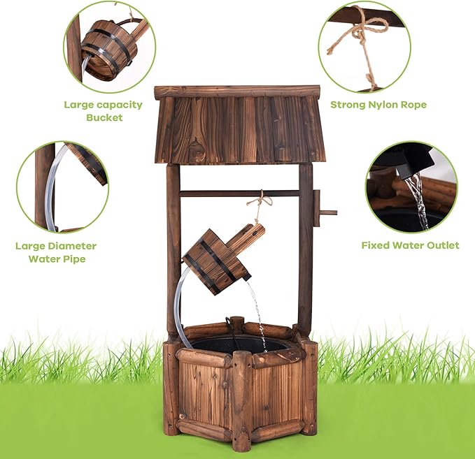 S AFSTAR Wishing Well Water Fountain, Rustic Wood Outdoor Waterfall Fountain with UL Certificated, Garden Wishing Well, Electric Pump Wishing Wells for Outdoor Yard Garden Backyard Decoration